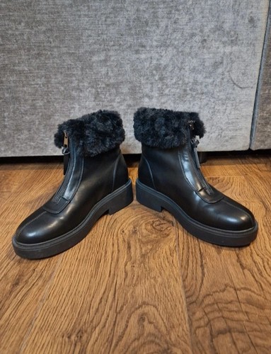 Next Forever Comfort black faux fur leather zip chunky biker ankle boots shoes 4 - Picture 4 of 14