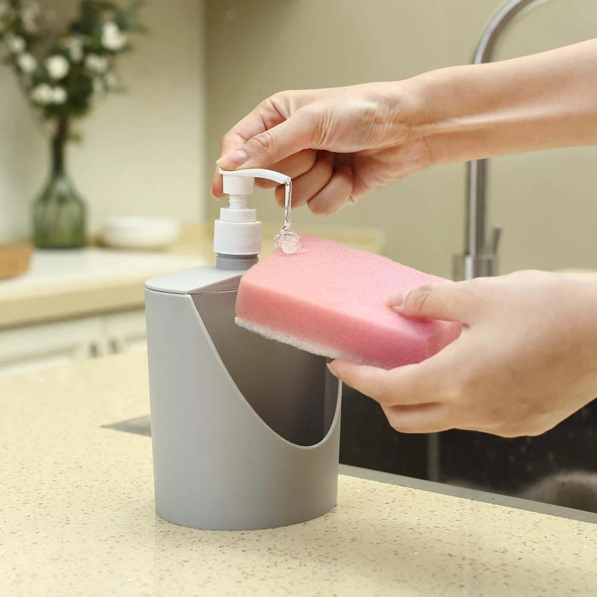 Dish Soap Dispenser and Sponge Holder Manual Soap Dispensing for Kitchen Bar