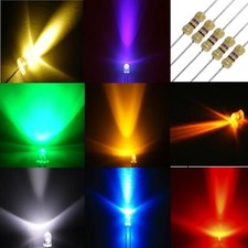 10 Pz. DIODI LED alta luminosità 3mm 5mm + RESISTENZE BIANCO ROSSO VERDE BLU