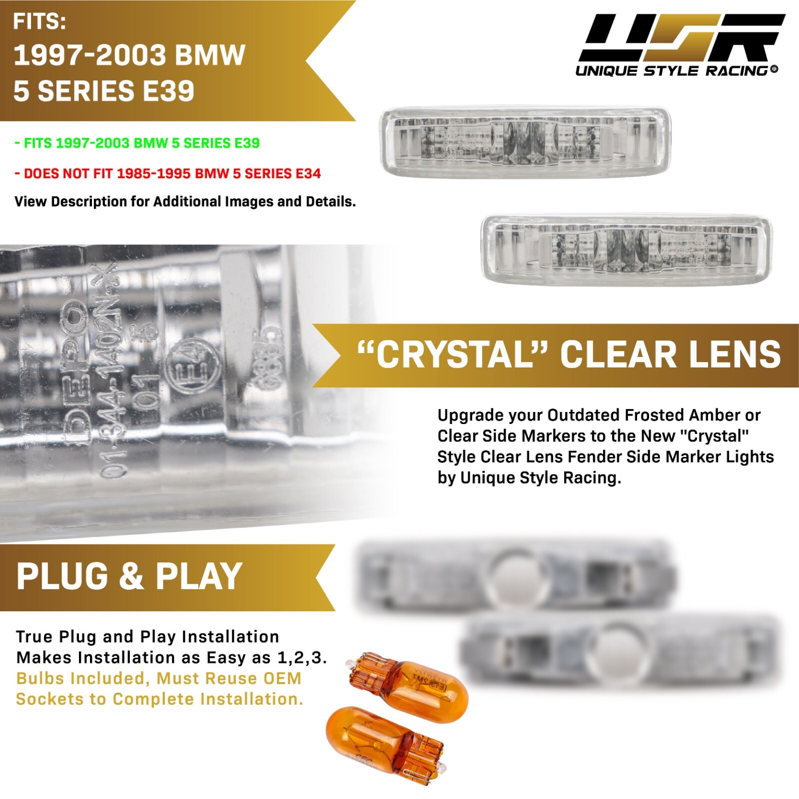 DEPO Ship 1997-2003 BMW 5 Series E39 Euro Clear Side Marker Lights  