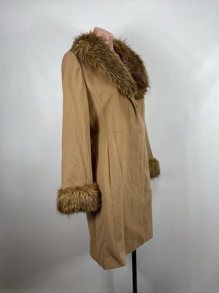 Abrigo de lana vintage Y2K Esprit beige marrón ribete de piel sintética M Penny Lane Bratz chaqueta Foto 4 de 4