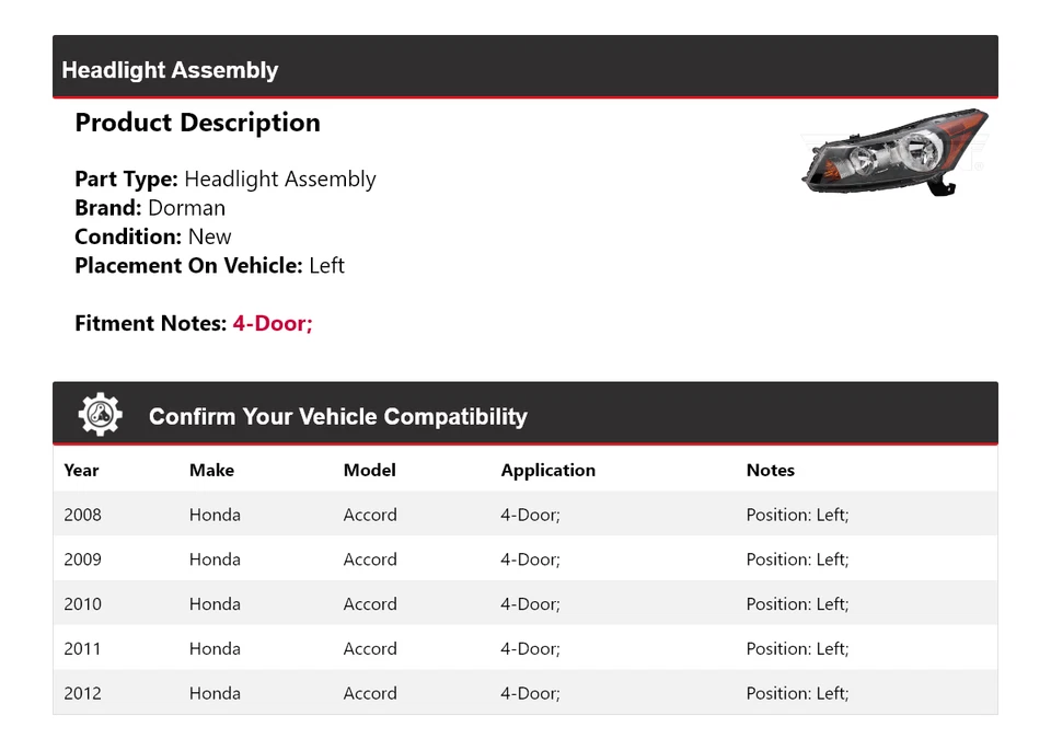 Conjunto de faros dorman de 4 puertas para Honda Accord 2008-2012 izquierda 2009 2010 2011 Foto 2 de 4