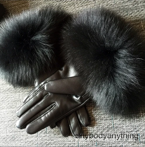 Women Genuine Lambskin Leather Gloves With Real Fox Fur Trim Cuff Winter Warm - Picture 15 of 24