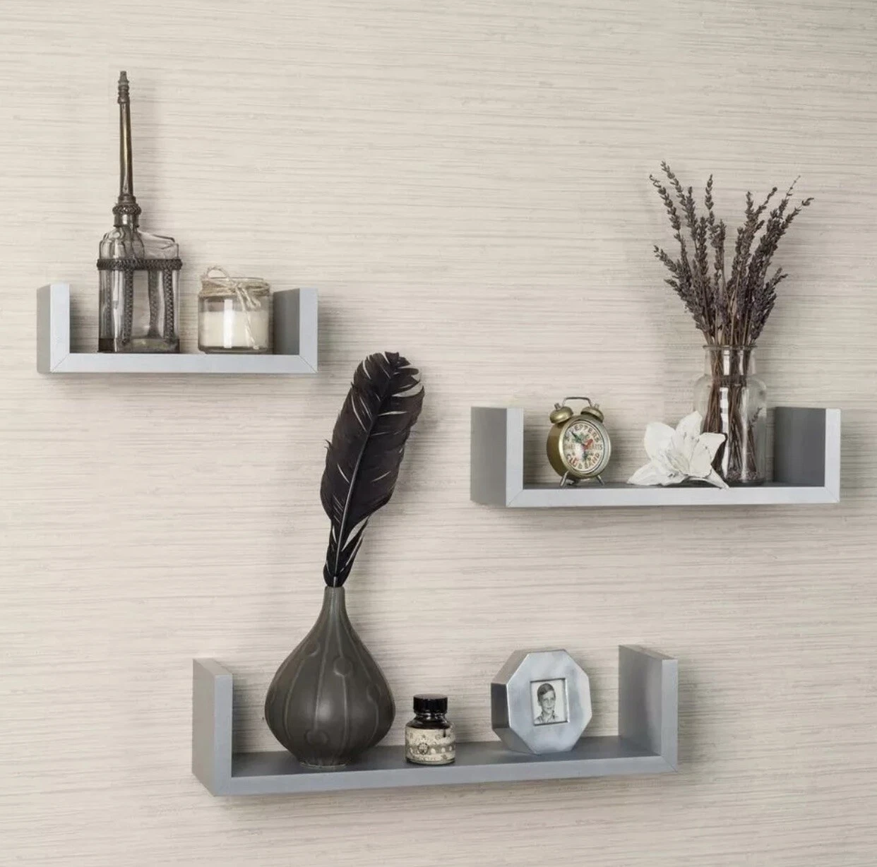 Floating U Shelves - Set of 3 Gray Laminated Wall Mount Shelves