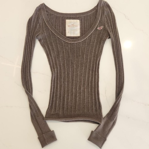 Hollister Vintage Y2K Brown Knit Long Sleeve ribbed Sweater Top w scoop neck S