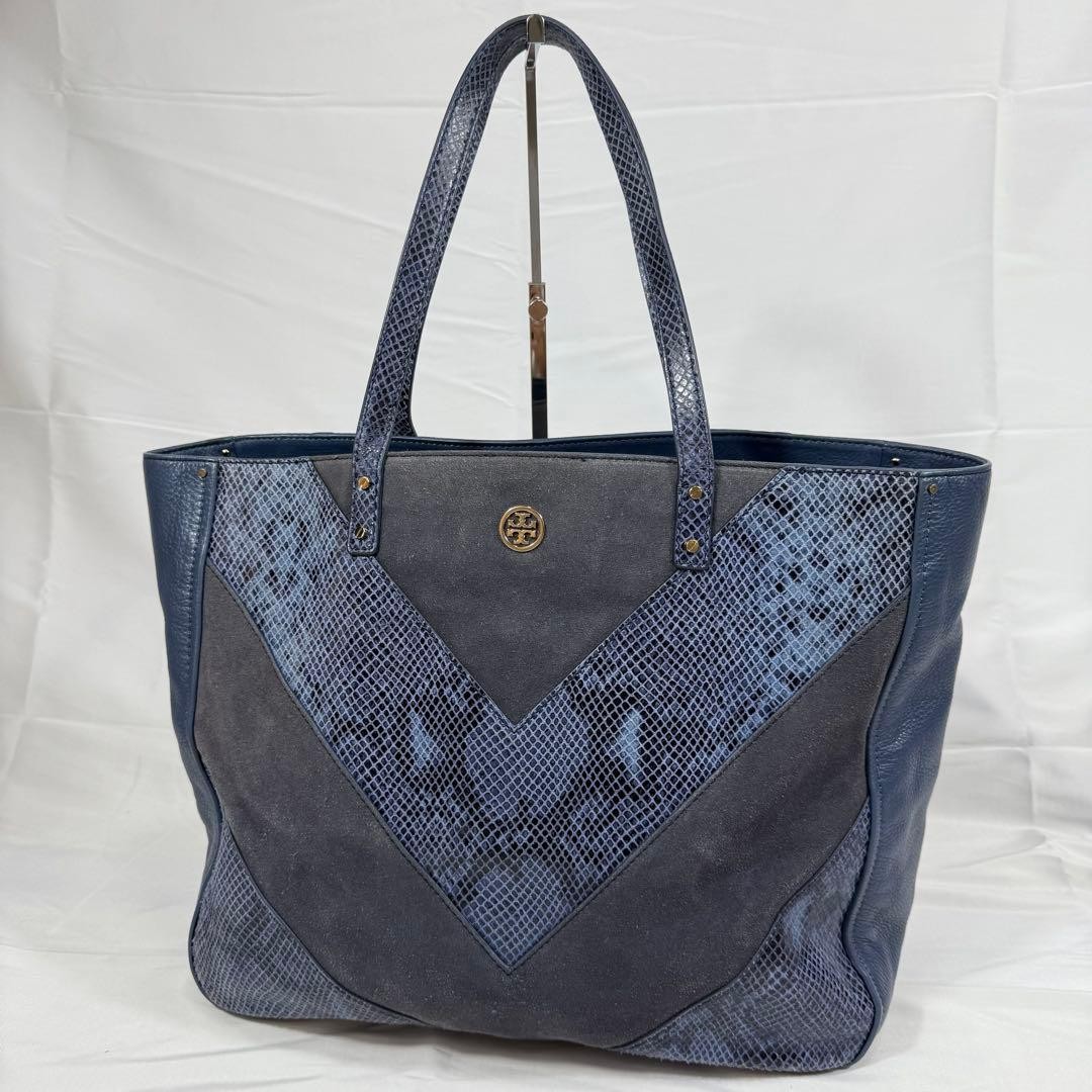 Tory Burch Blue Python Embossed Suede Leather Tot… - image 1