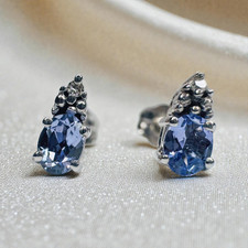 Natural Tanzanite & Diamond Earrings 10K White Gold -1/2ct Dainty Studs Oval Cut