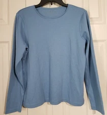 Charter Club Women Large Blue Scoop Neck Long Sleeve 100% Pima Cotton Knit Tee