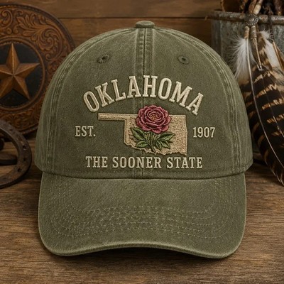 Oklahoma The Sooner State Embroidered Hat Vintage Washed Baseball Cap EST 1907