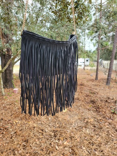 Deux Lux Joplin Black Vegan Leather Fringe Crossbody Clutch Bag Gold Chain