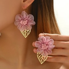 Hollow Lace Drop Earrings Pink Leaf Flower Mesh Dangle Party Wear Jewelry