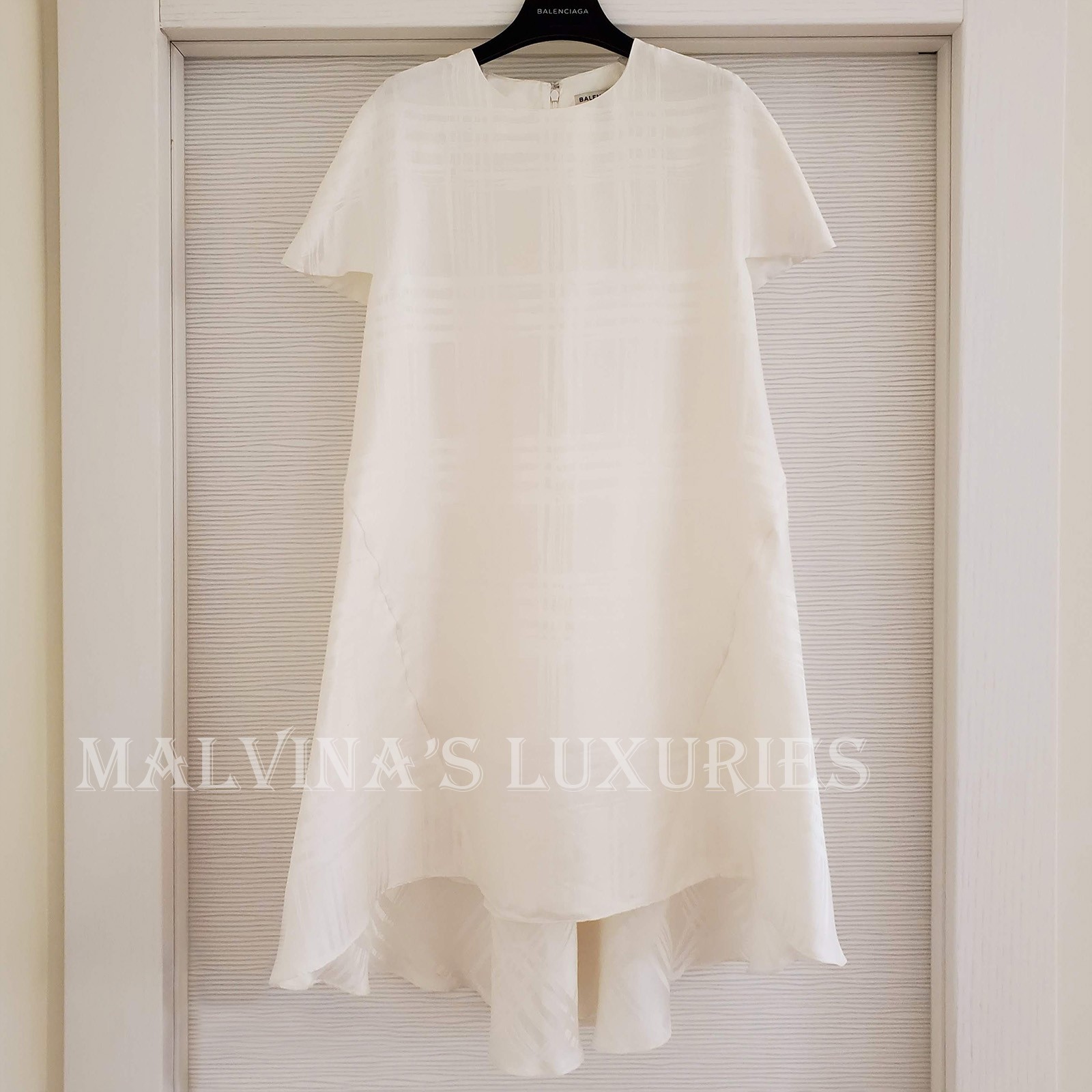 BALENCIAGA DRESS TENT TARTAN JACQUARD PRINT WHITE SILK ASYMMETRIC sz 36 / US 4 thumbnail 5
