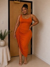 Orange Jersey Bodycon Dress Long Sleeveless Ruched Scoop Neck Plus 1X Strappy