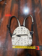 MCM Logo Studded Mini Backpack Zip Closure, Blue Lining, Silver Hardware