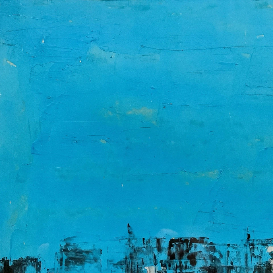 Pintura acrílica vintage assinada pela década de 1960 abstrata paisagem marítima cena porto - Imagem 3 de 4