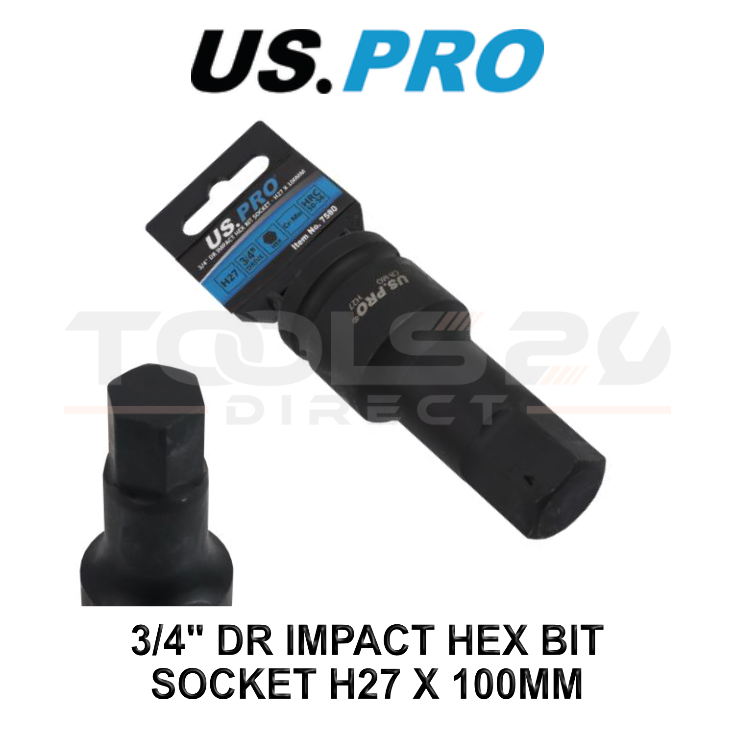 US PRO Tools 3/4"" Dr Impact Hex Bit Socket H27 x 100mm CR-MO 7580