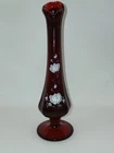 Fenton Glass Ruby Red Floral Swung Glass 8" Bud Vase Hand Painted Roses Signed