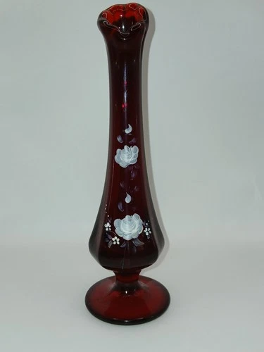Fenton Glass Ruby Red Floral Swung Glass 8" Bud Vase Hand Painted Roses Signed