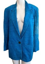 Ladies Size 6 Blazer Raw Silk Turquoise Blue Vintage Jacket Shoulder Pads Pocket