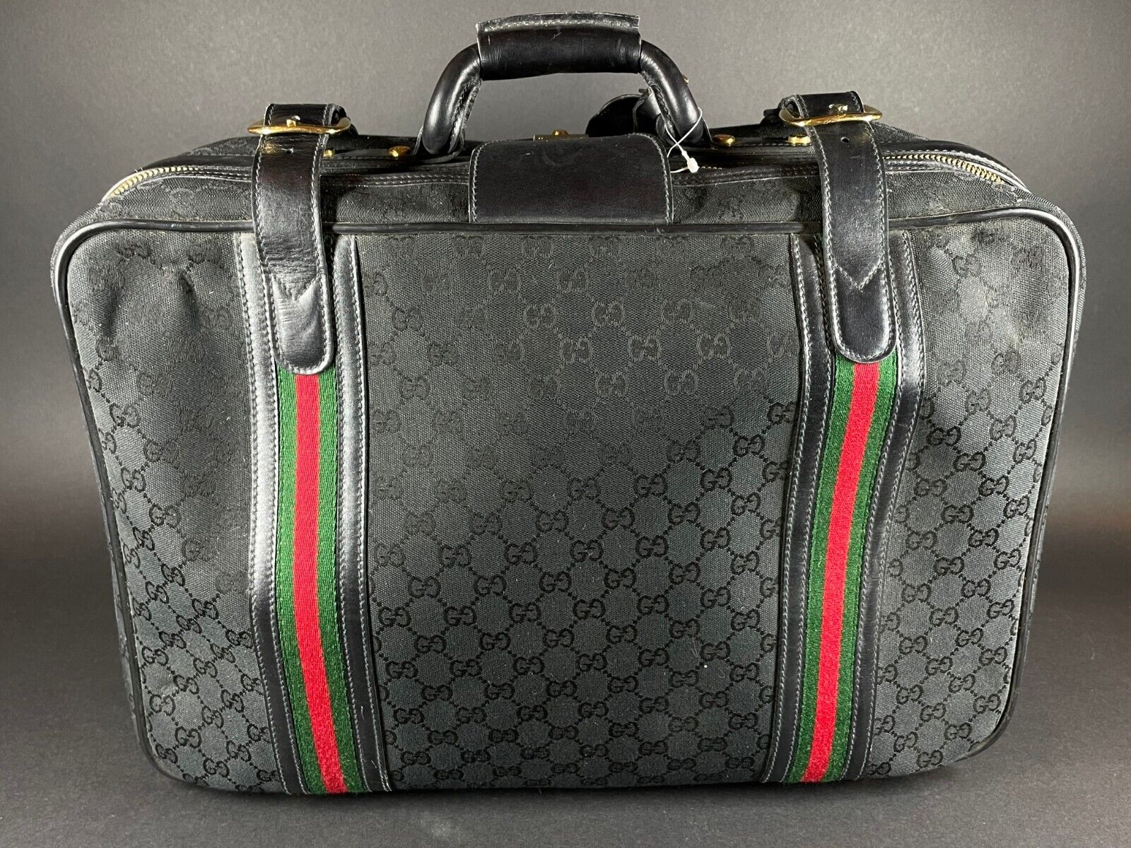 1970s Gucci Italy Black Logo Fabric Leather Suitcase Luggage w Zipper  Buckles SM