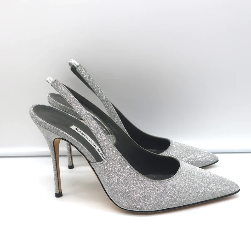 Manolo Blahnik Allura Glitter Slingback Pumps Silver Size 38.5 Pointed Toe Heels - Image 2 of 4