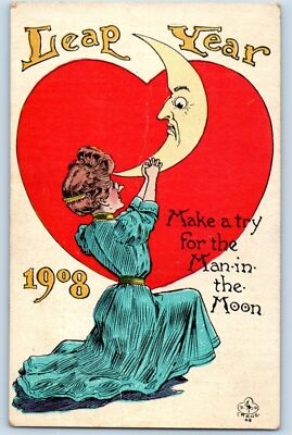 D P Crane Signed Postcard Leap Year Big Heart Crescent Moon Henry SD 1908 Posted