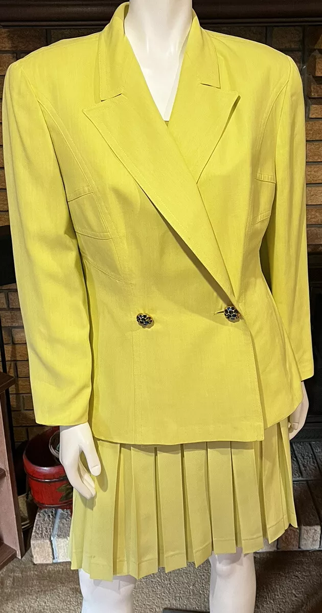 Louis Feraud Vintage 90s 3 Piece Skirt Suit Set Lime Yellow Size 12