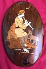 VINTAGE INDIAN WOOD INLAY MARQUETRY WALL ART PLAQUE