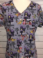 Disney Scrub Top Halloween Small Mickey Pluto Donald Duck Gray Uniform Shirt
