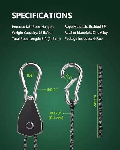 4-Pack 1/8" Adjustable Rope Hanger, Heavy Duty Ratchet Tie down Strap - Picture 6 of 6