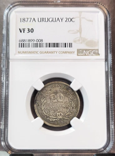 1877 URUGUAY SILVER 20 CENTESIMOS COAT OF ARMS NGC VF 30 GOOD LOOKING COIN