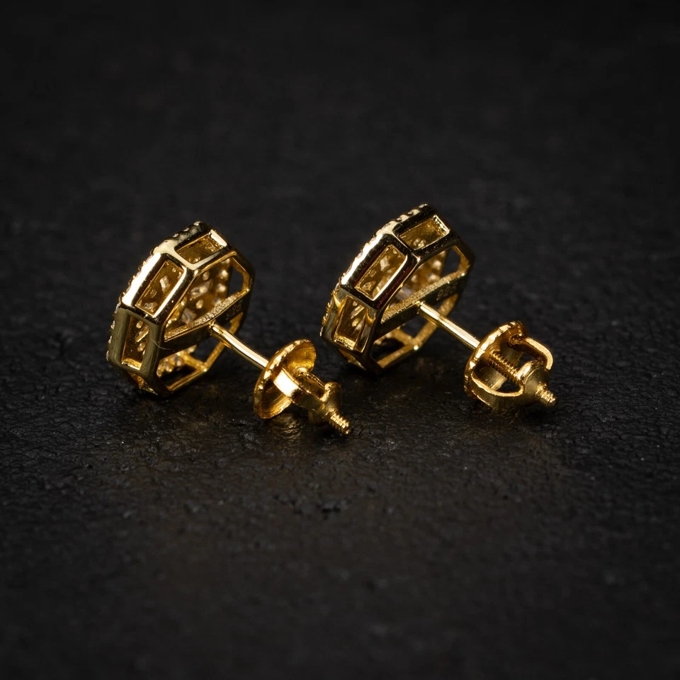 Aretes para hombre enchapados en oro amarillo de 14K 925 circonita helada en forma octogonal Foto 4 de 4