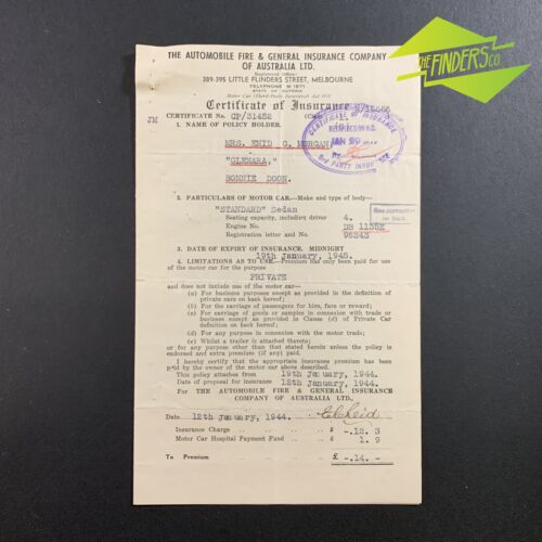 VINTAGE 1944 AUTOMOBILE FIRE & GENERAL INSURANCE CERTIFICATE STANDARD CAR 2-7 - Picture 1 of 5