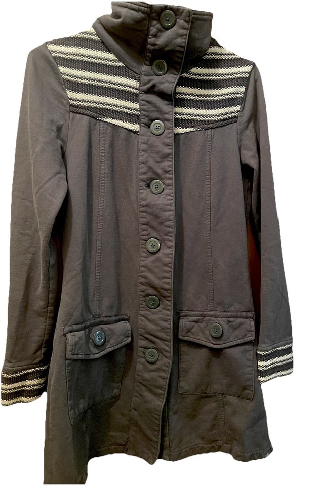 Prana Rowen Jersey Knit Jacket Mock Neck Blue Gray Woven Blanket Detail