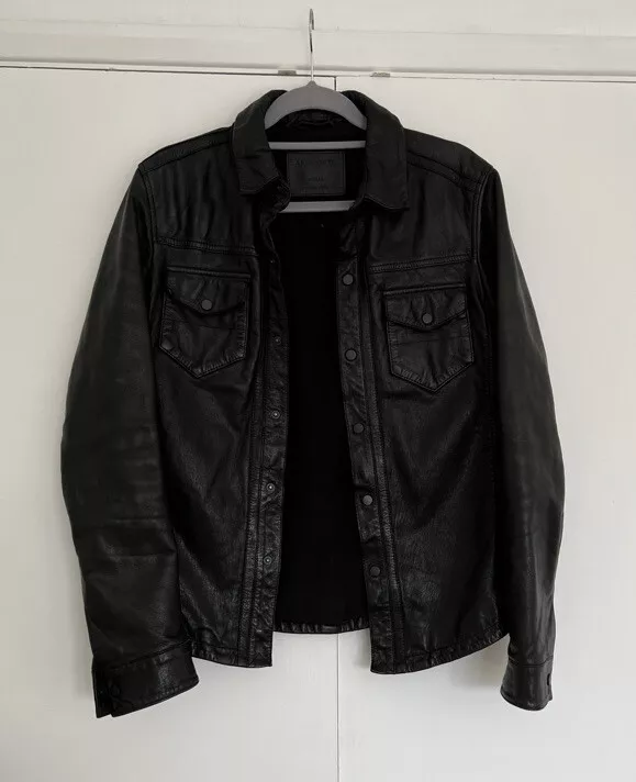 Men s AllSaints Alberton Leather Jacket Black Shirt Biker Size