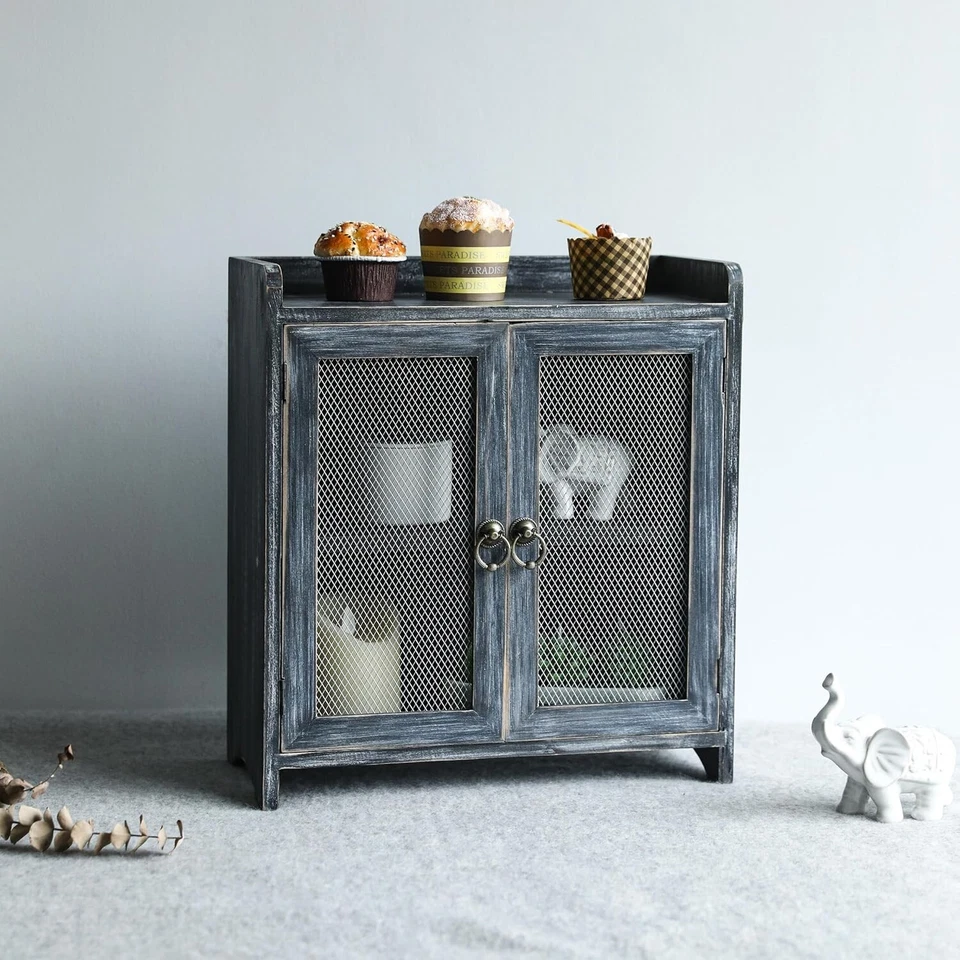 Mini gabinete de almacenamiento de madera de encimera con puerta magnética - diseño gris envejecido Foto 4 de 4