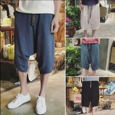 Mens Harem Style Cotton Linen Blend Chinese Short Trousers Loose Casual Pants 