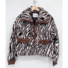 House Of Sunny Womens Zebra Print Teddy Pullover Corduroy Accent Jacket Size 4