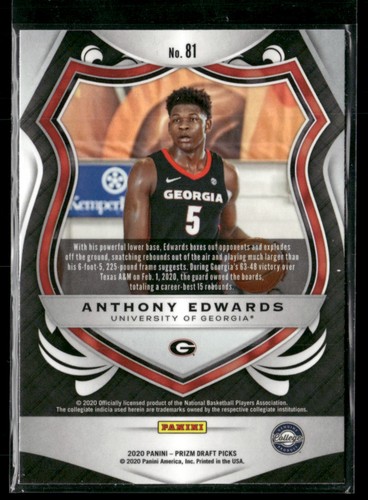 2020 Panini Prizm Draft Picks Collegiate Anthony Edwards Green RC #81 - Picture 2 of 2