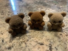 Lot of 3 Vintage Tiny Miniature 1" Flocked Fuzzy Teddy Bears Craft Brown Beige