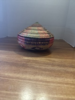 Handmade Boho Multicolored Woven Oval Basket Lidded