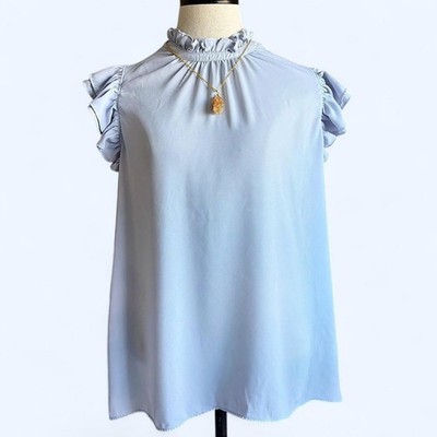 Express Light Blue Ruffle Neck Cap Sleeve Blouse Conscious Edit Large