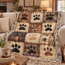 Cute Paw Print Soft Flannel Blanket, Dog Lover Patchwork Style Couch Throw