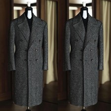 Tweed Black Men's Overcoat Double Breasted Outdoor Casual Winter Warm Long Coat