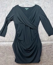 Ralph Lauren Dress Classic Faux Wrap Sheath Black Ruched 3/4 Sleeve V Neck Sz 8