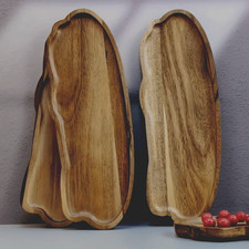 Set of 2 Premium Acacia Dark Wood Trays Natural Wooden Polished Serving Platters