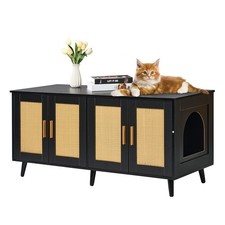 NEW  Cat Litter Box Enclosure Wooden Litter Box Furniture Hidden 2 Rooms Black