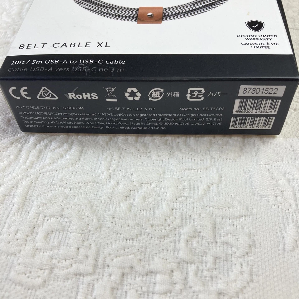 Cable de cinturón Native Union XL 10 pies USB-A a USB-C cable de carga trenzado cebra negro Foto 2 de 4