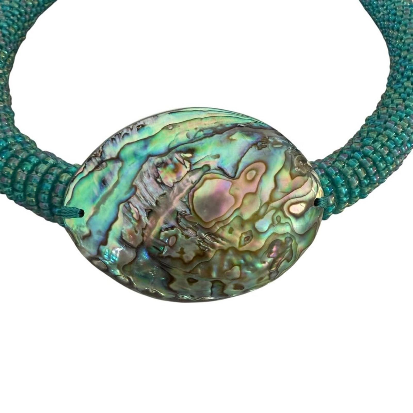 Abalone shell statement large necklace, beaded ab… - image 7