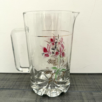 Vintage Italian Italy Glaskrug DeValBor Floral Iris Blumen Goldrand
